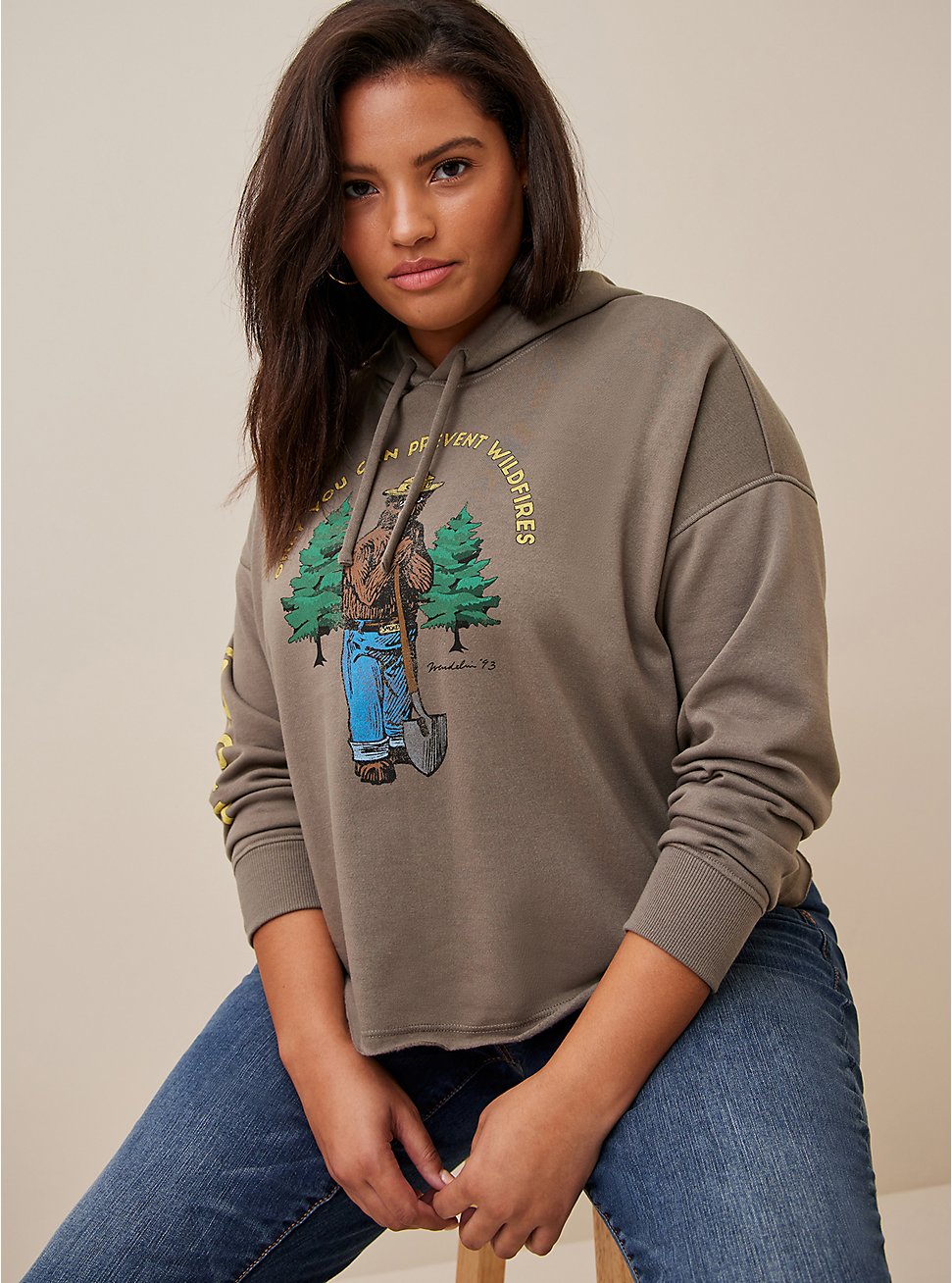 Smokey Bear Relaxed Fit Cozy Fleece Pullover Crop Hoodie, DUSTY OLIVE, hi-res