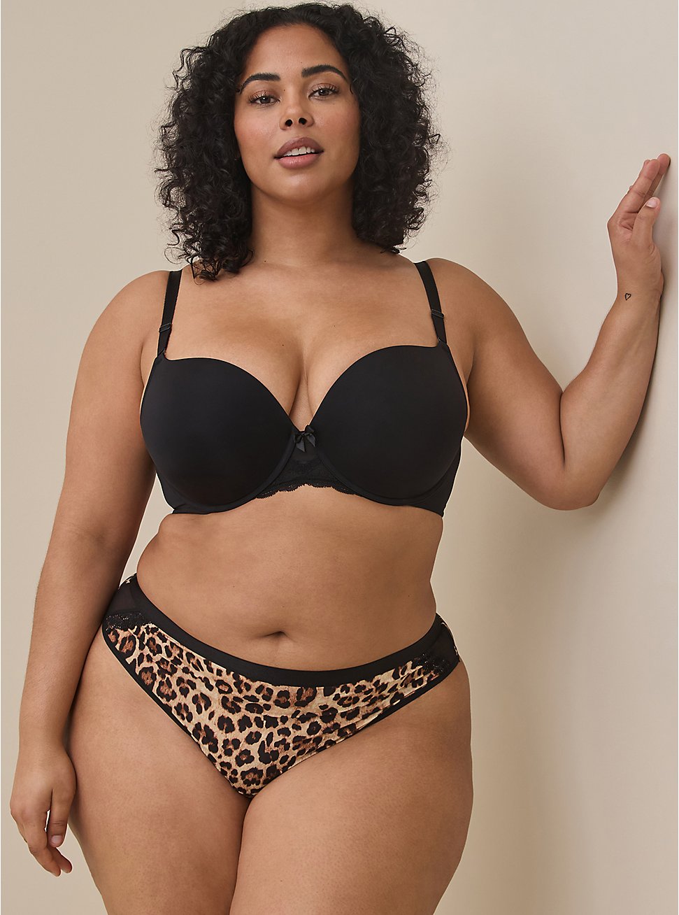 Plus Size Second Skin Mid-Rise Thong Panty, FIFTIES LEOPARD BEIGE, hi-res