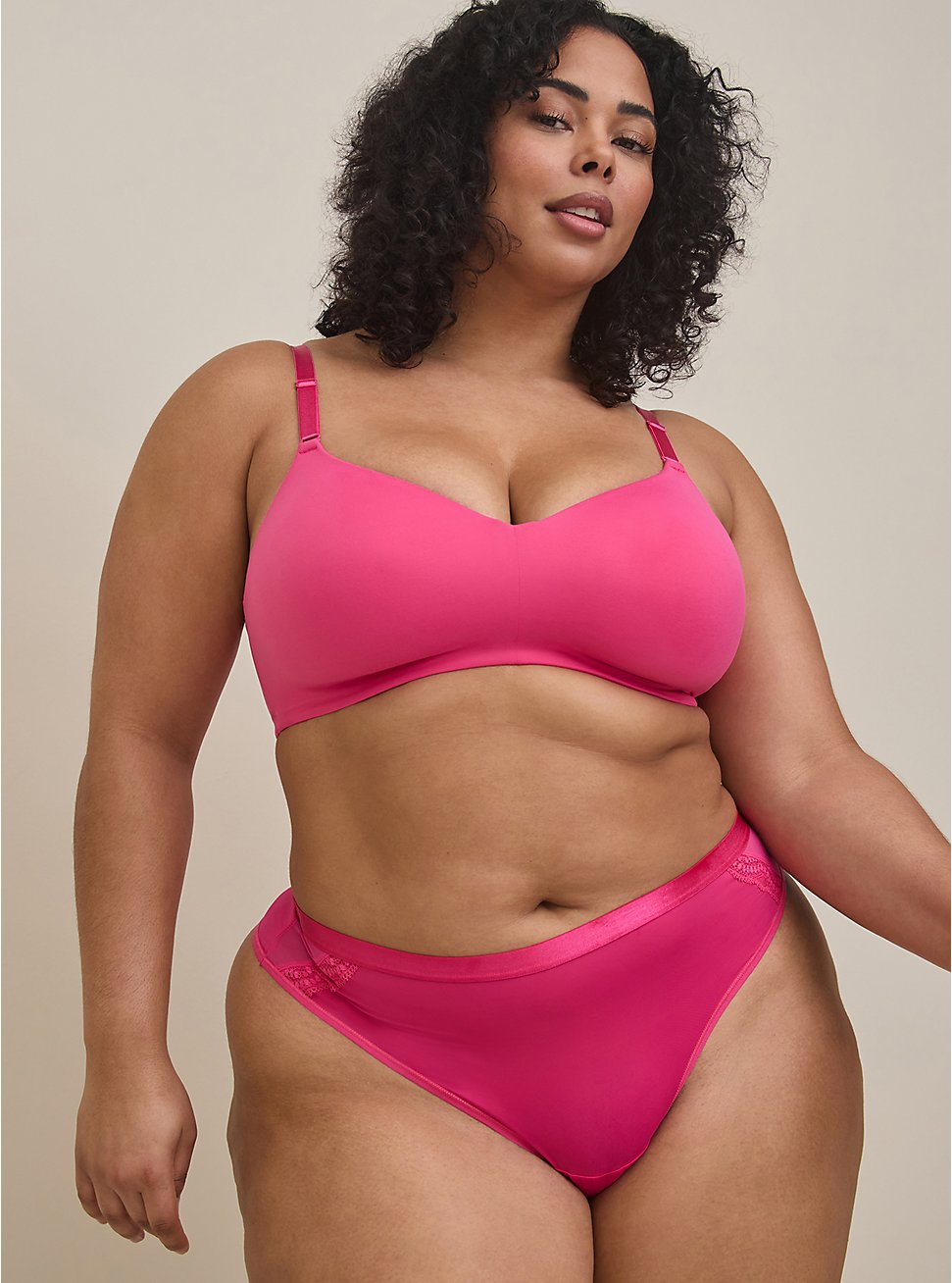 Plus Size Second Skin Mid-Rise Thong Panty, FUSCHIA PINK, hi-res