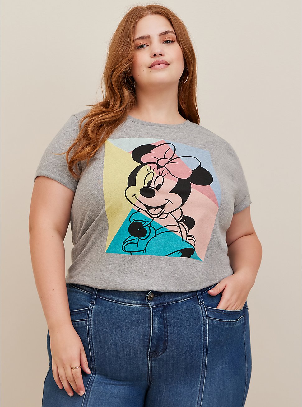 Disney Minnie Mouse Cotton Modal Slub Rolled Sleeve Graphic Top, GREY, hi-res