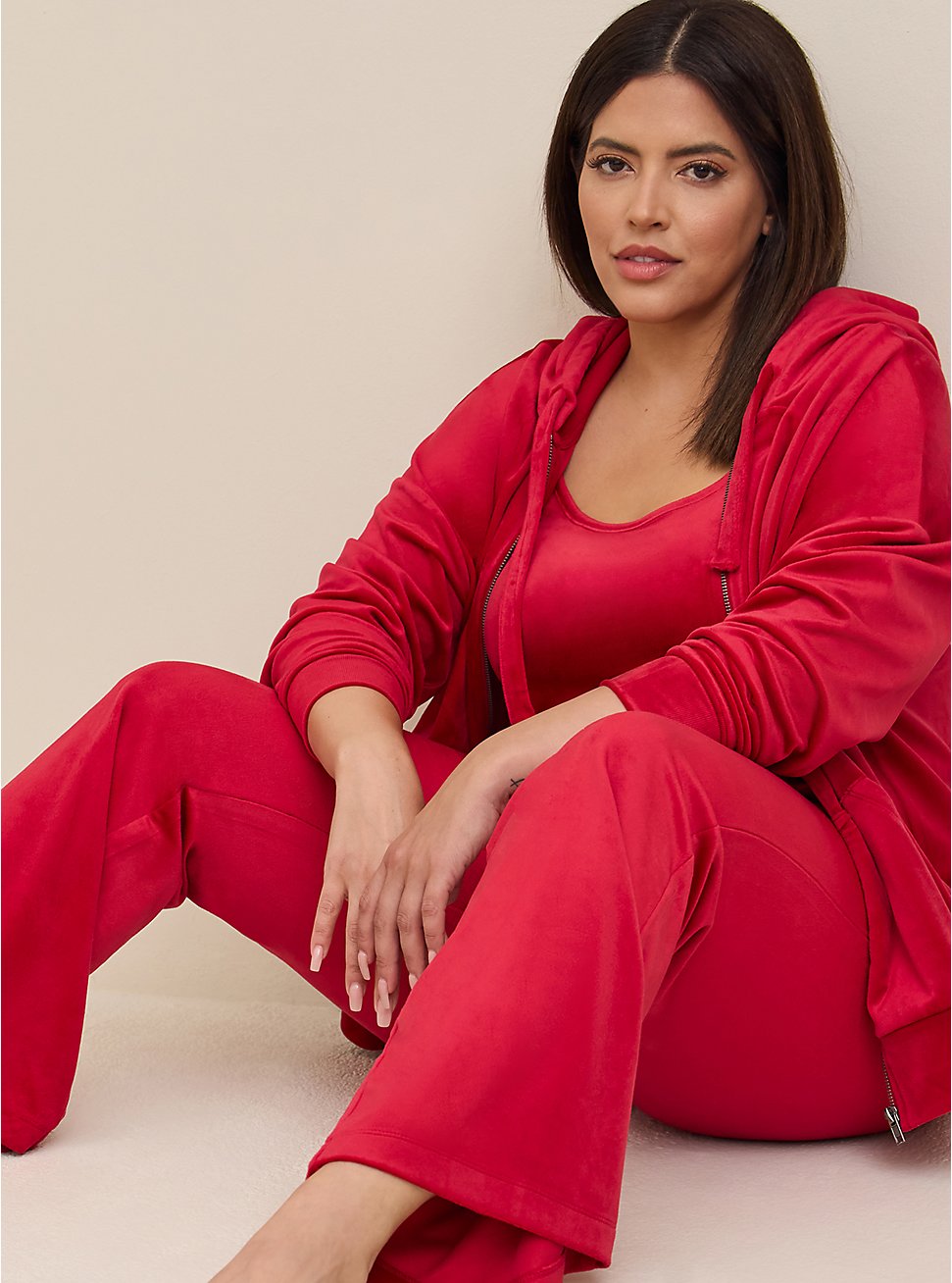 Velour Zip Front Long Sleeve Relaxed Lounge Hoodie, JESTER RED, hi-res