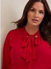 Chiffon Bow Front Button-Up Blouse, JESTER RED, alternate