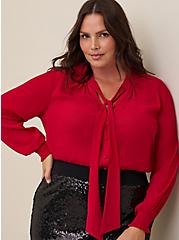 Chiffon Bow Front Button-Up Blouse, JESTER RED, hi-res
