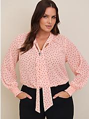 Chiffon Bow Front Button-Up Blouse, PINK DOT, hi-res