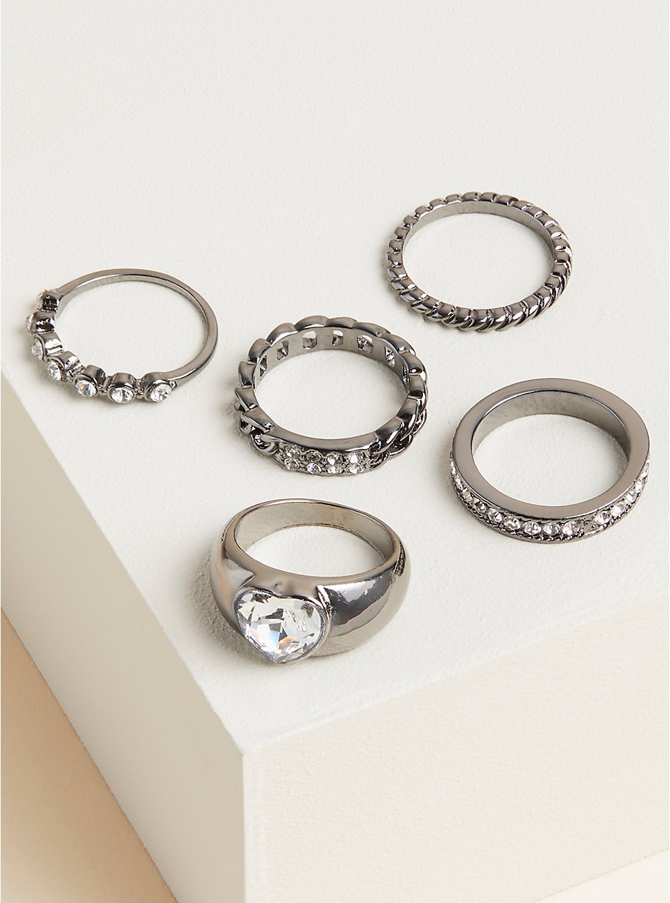 Heart Stone Ring Set, SILVER, hi-res