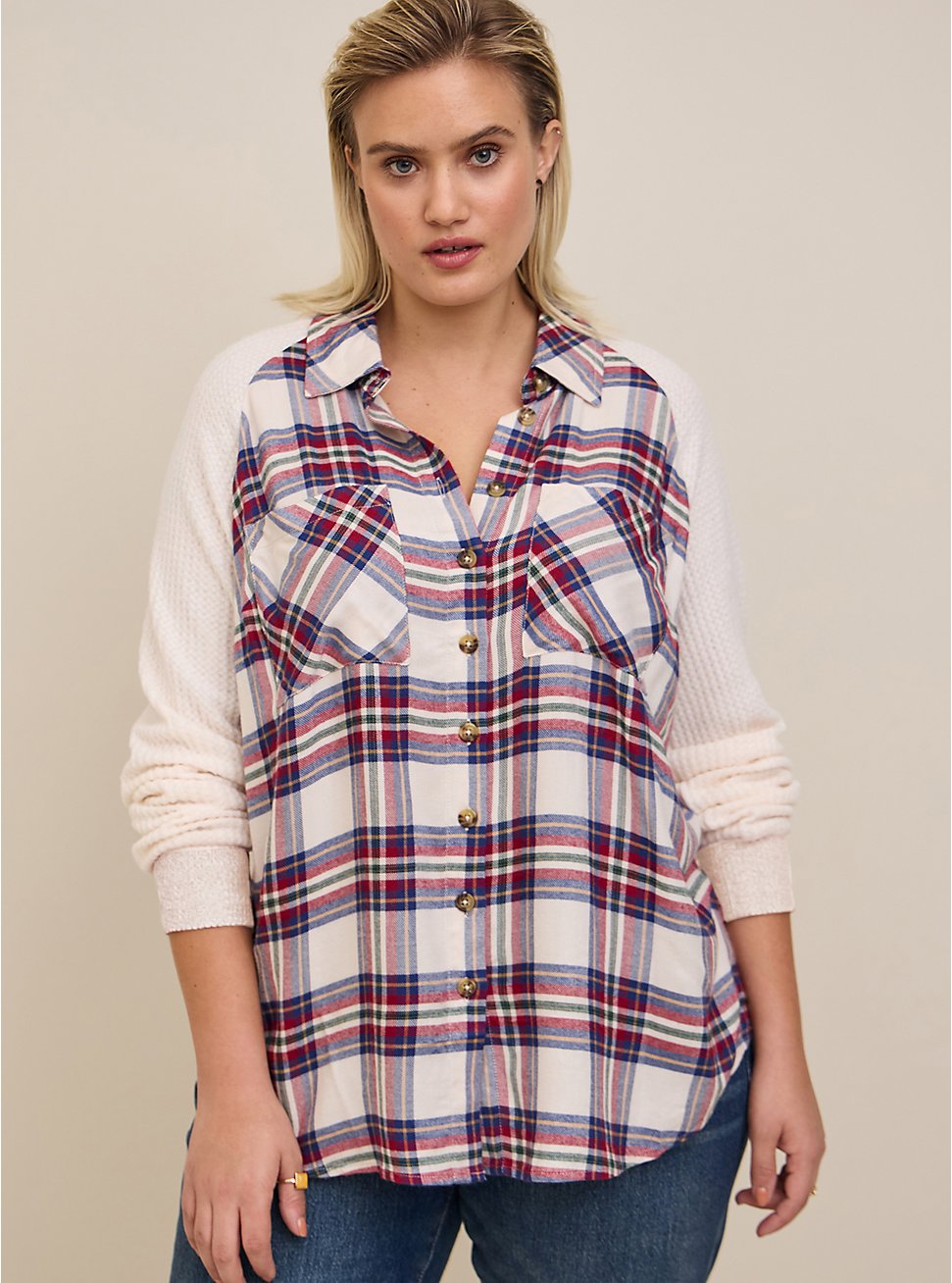 Plus Size Relaxed Fit Brushed Rayon Acrylic With Waffle Knit Sleeve Shirt, PLAID IVORY, hi-res