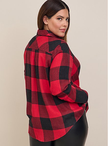 Lizzie Brushed Rayon Acrylic Button-Down Long Sleeve Shirt, PLAID RED, alternate