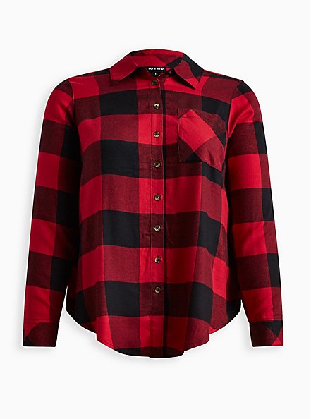 Lizzie Brushed Rayon Acrylic Button-Down Long Sleeve Shirt, PLAID RED, hi-res