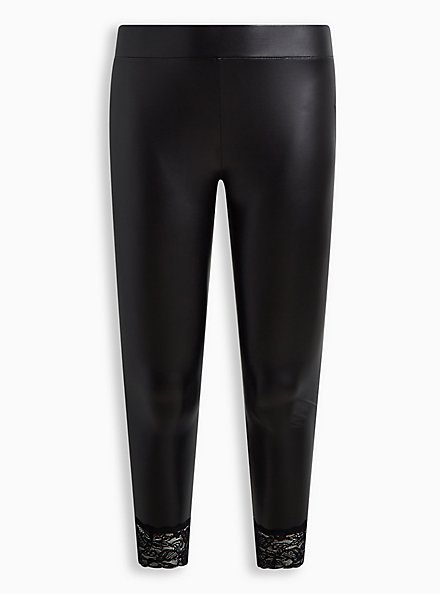 Plus Size Full Length Signature Waist Faux Leather Lace Hem Legging, BLACK, hi-res