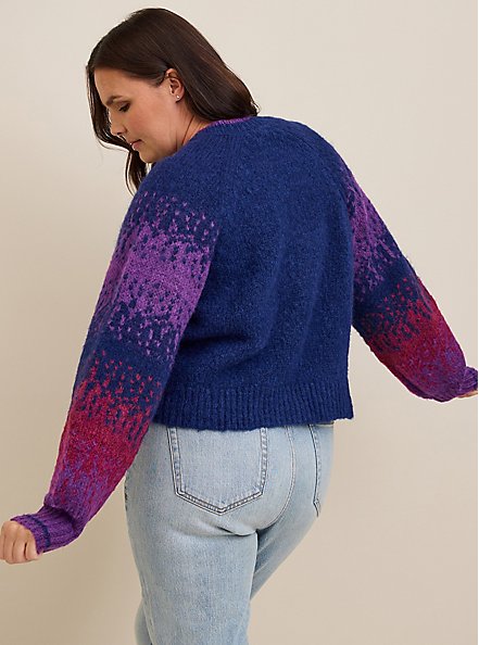 Chunky Cardigan Button Front V-Neck Sweater, PURPLE STRIPE, alternate