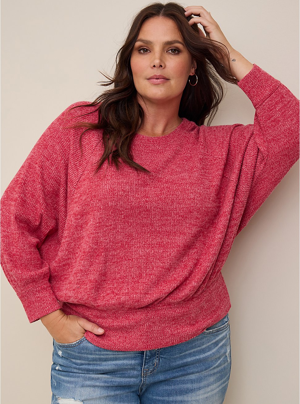 Relaxed Fit Super Soft Plush Rib Crew Neck Batwing Sweatshirt, RED, hi-res