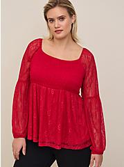 Babydoll Stretch Lace Smocked Bodice Square Neck Top, RED, hi-res