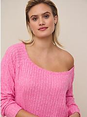 Off-Shoulder Super Soft Plush Wide Rib Sweatshirt, PINK, alternate