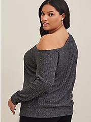 Plus Size Off-Shoulder Super Soft Plush Wide Rib Sweatshirt, GREY, alternate