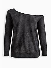 Plus Size Off-Shoulder Super Soft Plush Wide Rib Sweatshirt, GREY, hi-res
