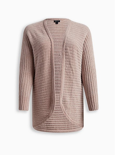 Chenille Cocoon Open Front Ribbed Sweater, TAUPE, hi-res