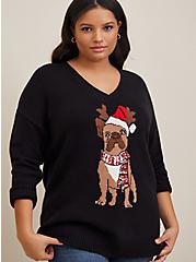 Frenchie Pullover Slouchy V-Neck Tunic Sweater, BLACK, alternate
