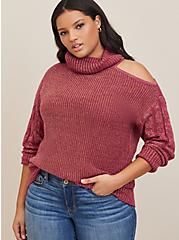 Metallic Cable Pullover Cold Shoulder Sweater, BERRY, hi-res