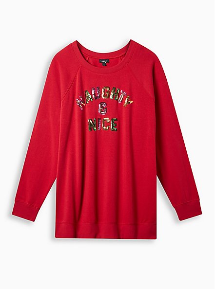 Naughty & Nice Classic Fit Cozy Fleece Crew Sequin Sweater, JESTER RED, hi-res