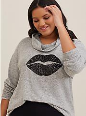 Lips Relaxed Fit Super Soft Plush Sequin Pullover Tunic Sweatshirt, HEATHER GREY, alternate