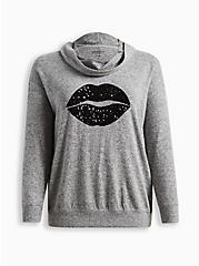 Lips Relaxed Fit Super Soft Plush Sequin Pullover Tunic Sweatshirt, HEATHER GREY, hi-res