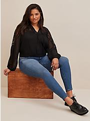 Plus Size Crinkle Chiffon Embroidered Peasant Top, DEEP BLACK, hi-res
