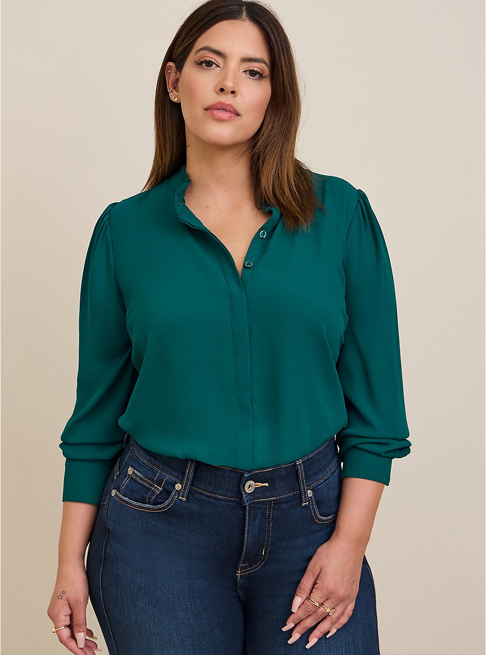 Madison Georgette Ruffle Mock Neck Button-Up Shirt, BOTANICAL GREEN, hi-res