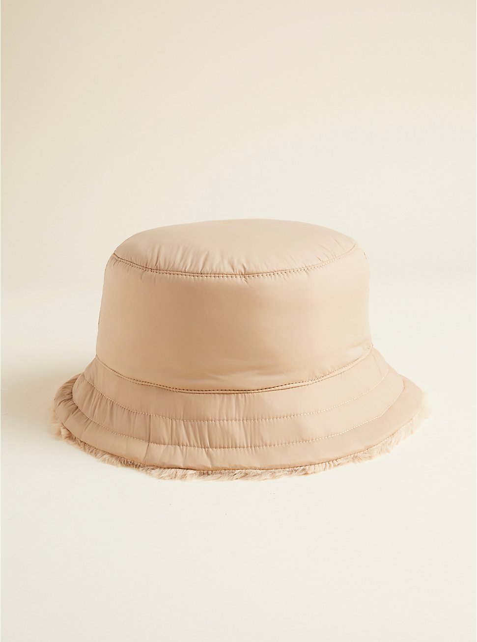Plus Size Reversible Fur/Nylon Bucket Hat, BEIGE, hi-res