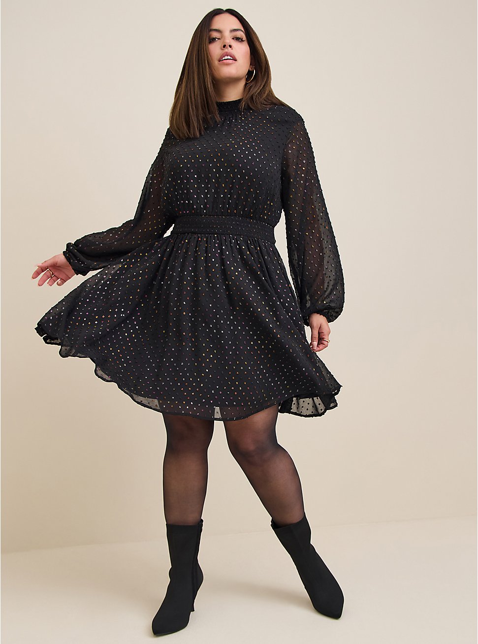Mini Clip Dot Blouson Sleeve Dress, DEEP BLACK, hi-res