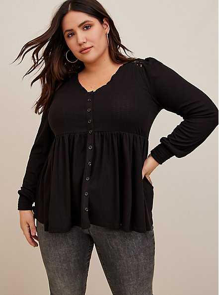 Babydoll Knit V-Neck Button-Front Lace Inset Peasant Sleeve Top, DEEP BLACK, alternate