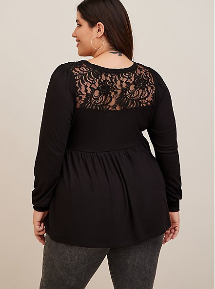 Plus Size Babydoll Knit V-Neck Button-Front Lace Inset Peasant Sleeve Top, DEEP BLACK, alternate