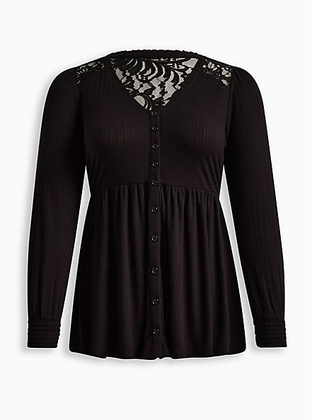 Babydoll Knit V-Neck Button-Front Lace Inset Peasant Sleeve Top, DEEP BLACK, hi-res