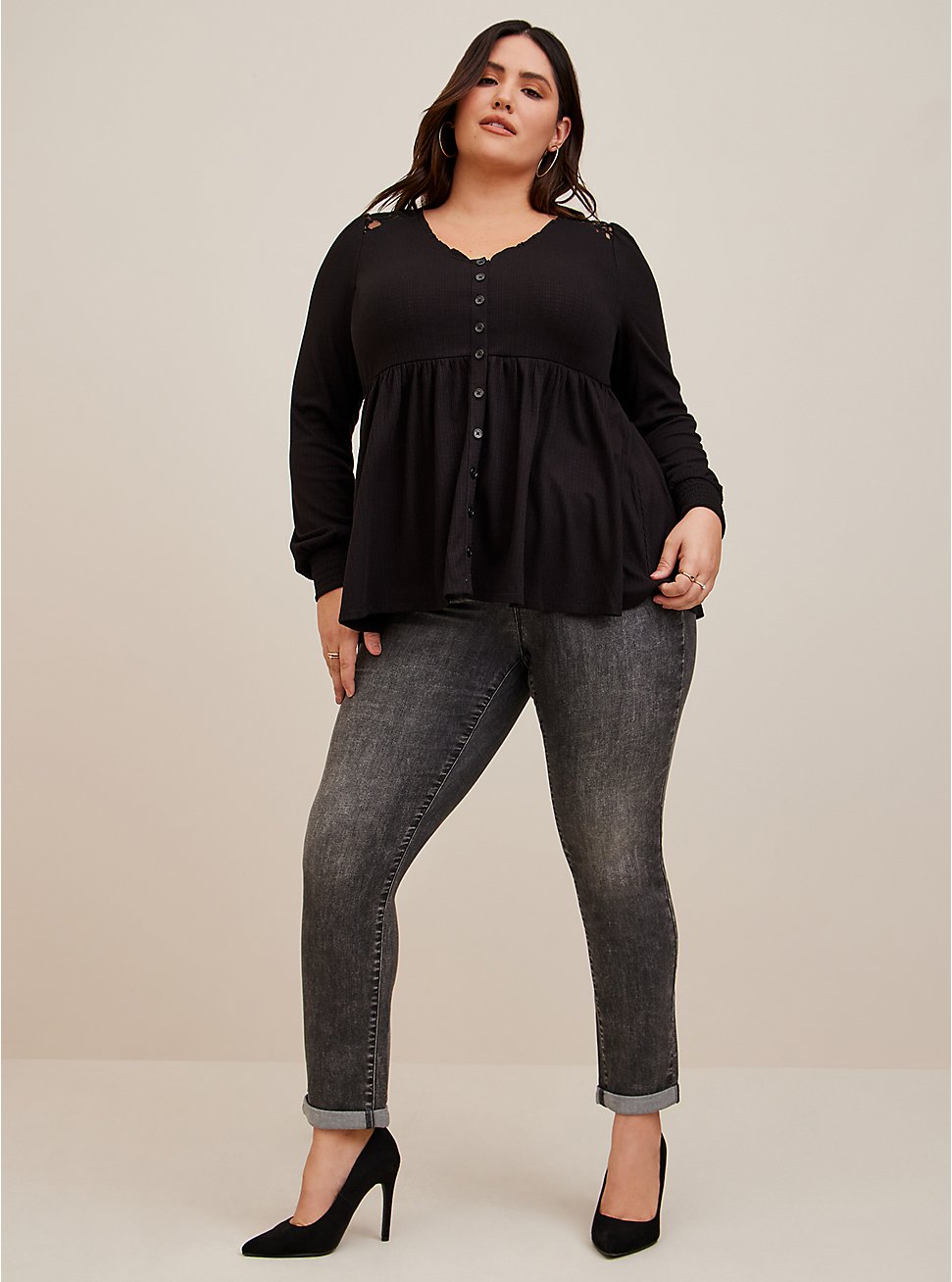 Plus Size Babydoll Knit V-Neck Button-Front Lace Inset Peasant Sleeve Top, DEEP BLACK, hi-res