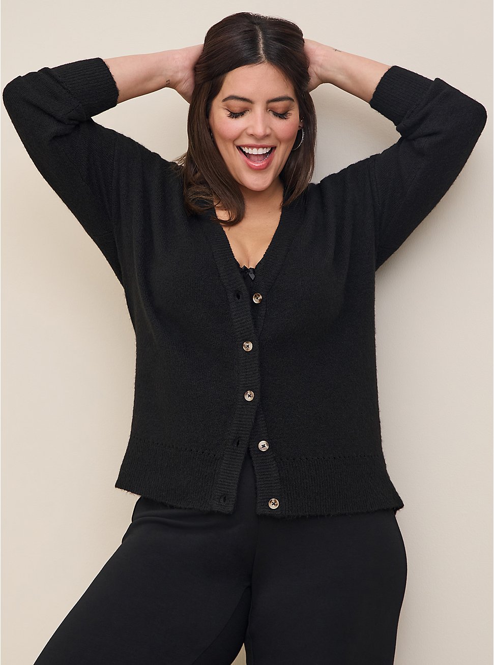 Plus Size Vegan Cashmere Cardigan V-Neck Drop Shoulder Sweater, BLACK, hi-res