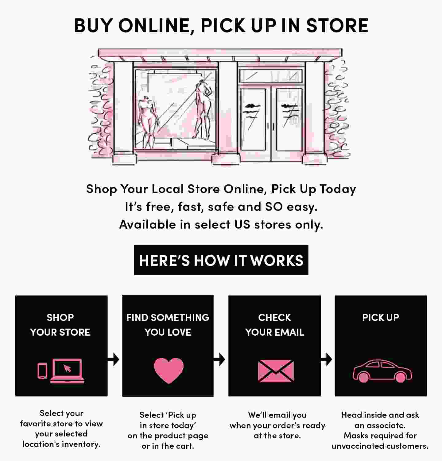 PICK UP TODAY, YOU'VE GOT OPTIONS. Shop online and get fast, free in-store or curbside pickup! Available in select stores. HERE'S HOW IT WORKS. Shop torrid.com, Find something you love and select Pick up in store today on the product page or in the cart. Check Your Email, We'll email you when your order’s ready. At select stores, you'll have the option to choose no-contact curbside pickup. Walk in or Drive up, To pick up in store, just put on your mask, head inside and ask an associate. For curbside, wait in your car and we'll bring out your order. Easy.