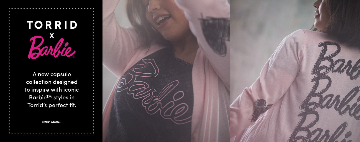 Torrid X Barbie. A new capsule collection designed to inspire with iconic Barbie styes in Torrid's Perfect Fit.