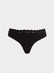 Plus Size Narrow Lace Thong Panty - Cotton Black, RICH BLACK, hi-res