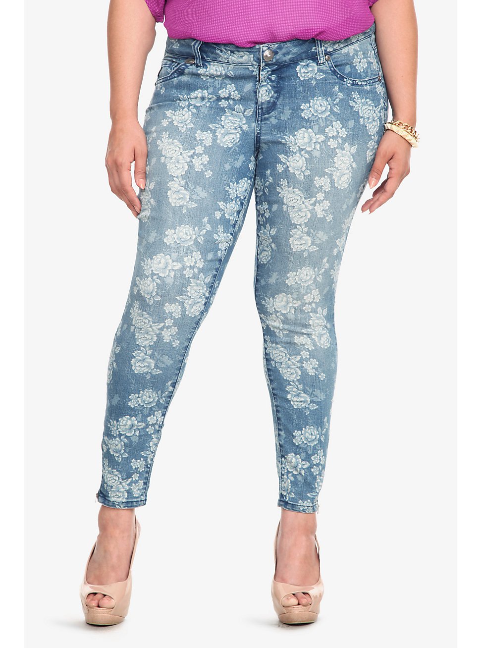 Torrid Denim - Cabbage Rose Print Ankle Zip Stiletto Jeans, BLUE, hi-res